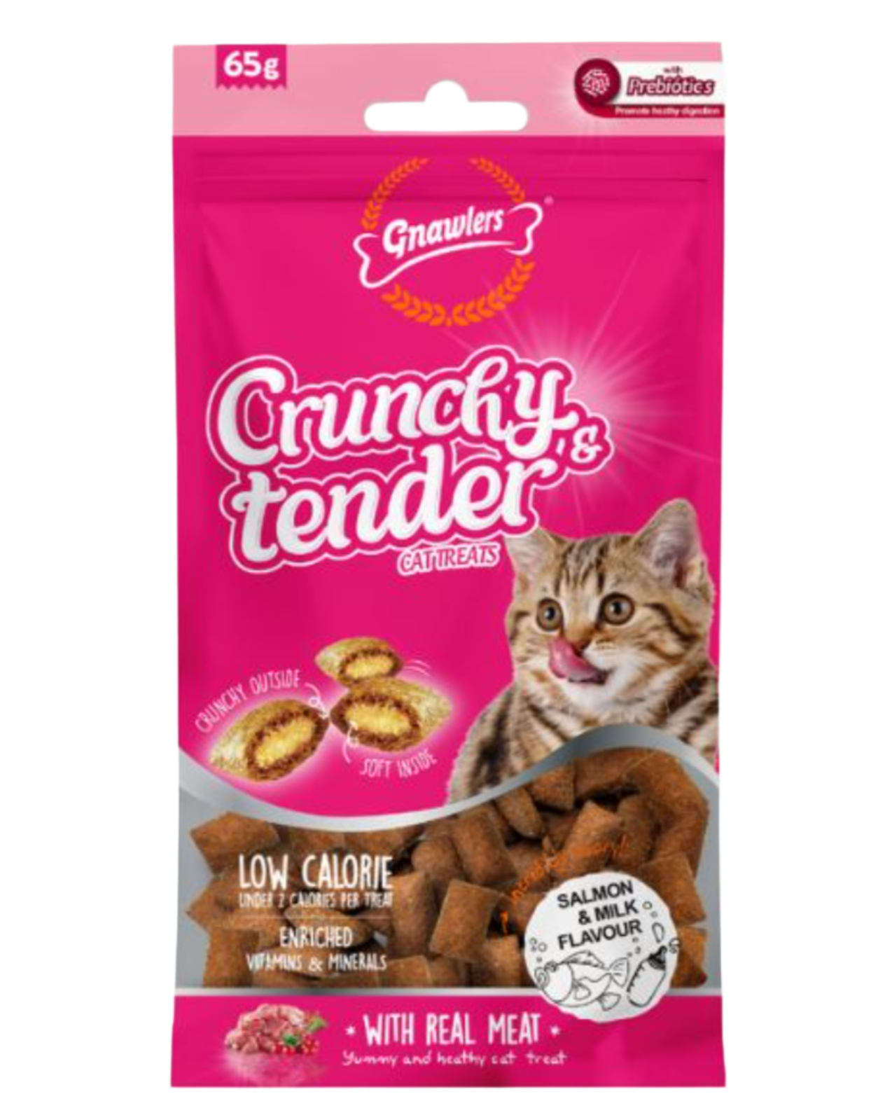 גנולרס – חטיף כריות דל קלוריות לחתולים עם קרם סלמון וחלב (65 גרם)