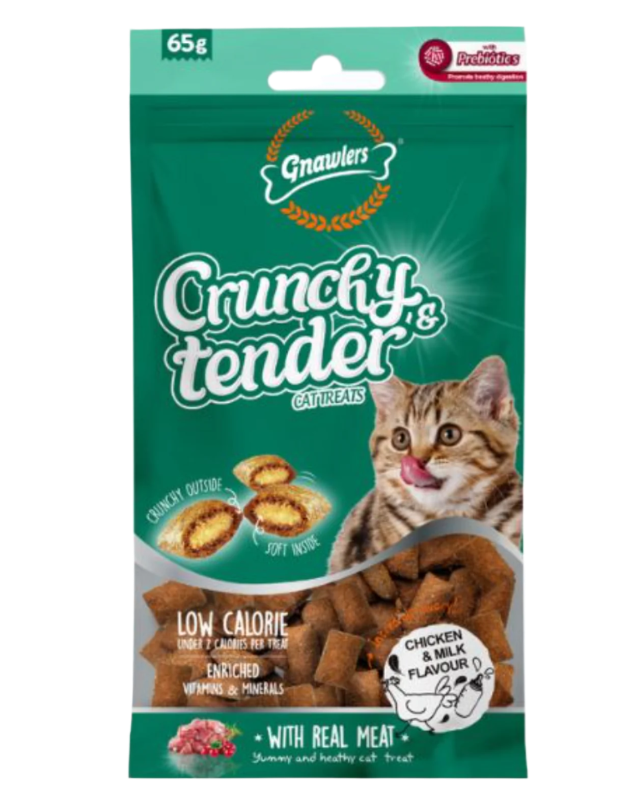 גנולרס – חטיף כריות דל קלוריות לחתולים עם קרם עוף וחלב (65 גרם)