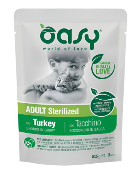 Oasy פאוץ’ לחתולים – נתחי הודו בציר עשיר | 85 גרם