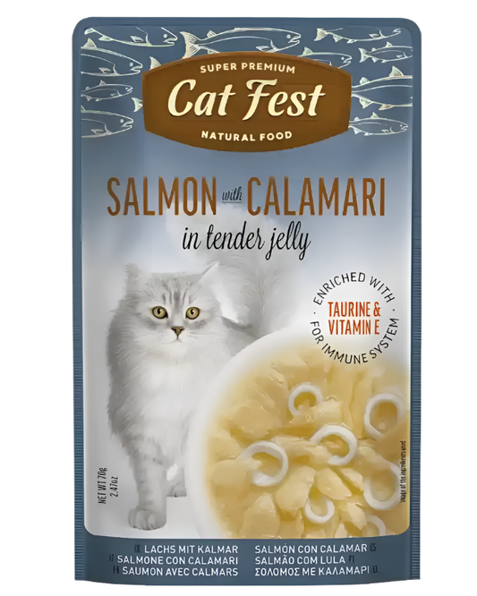 מעדן פאוץ' Cat Fest – נתחי סלמון וקלמרי בג'לי | 70 גרם