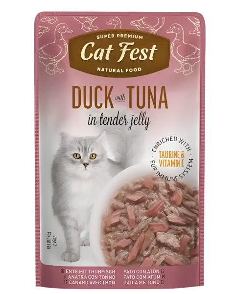 מעדן פאוץ' Cat Fest – נתחי ברווז וטונה בג'לי | 70 גרם