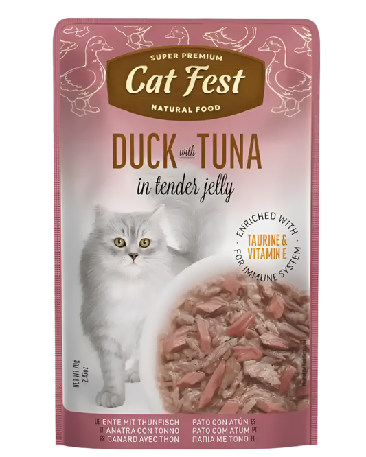 מעדן פאוץ' Cat Fest – נתחי ברווז וטונה בג'לי | 70 גרם