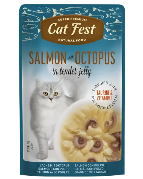 מעדן פאוץ' Cat Fest – נתחי סלמון ותמנון בג'לי | 70 גרם