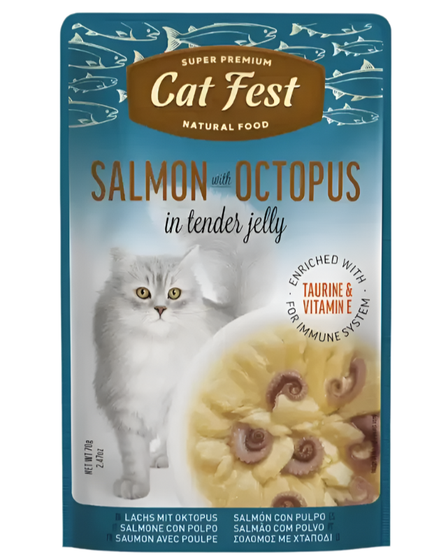 מעדן פאוץ' Cat Fest – נתחי סלמון ותמנון בג'לי | 70 גרם