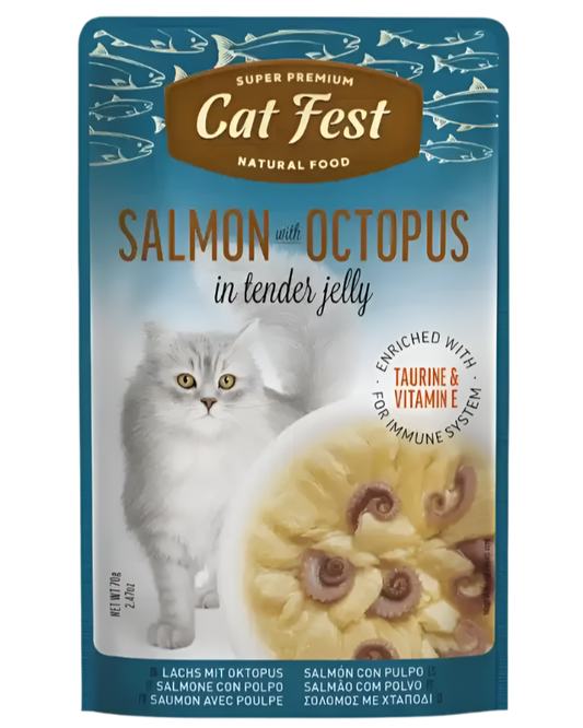 מעדן פאוץ' Cat Fest – נתחי סלמון ותמנון בג'לי | 70 גרם