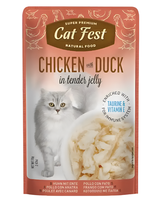 :מעדן פאוץ' Cat Fest – נתחי עוף וברווז בג'לי | 70 גרם