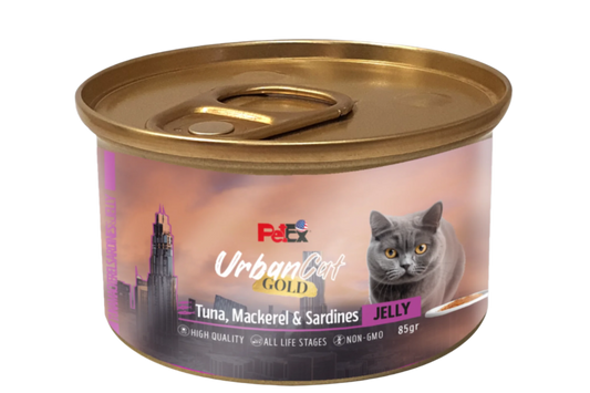 PETEX Urban Cat – מעדן טונה עם דגי מקרל וסרדינים במרקם ג'לי לחתולים (85 גרם)